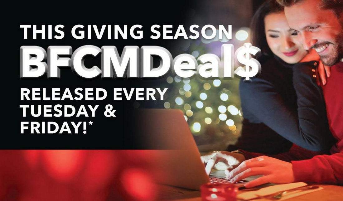 Sales banner of couple shopping online for BFCMDeals at Mojo Sportswear Company